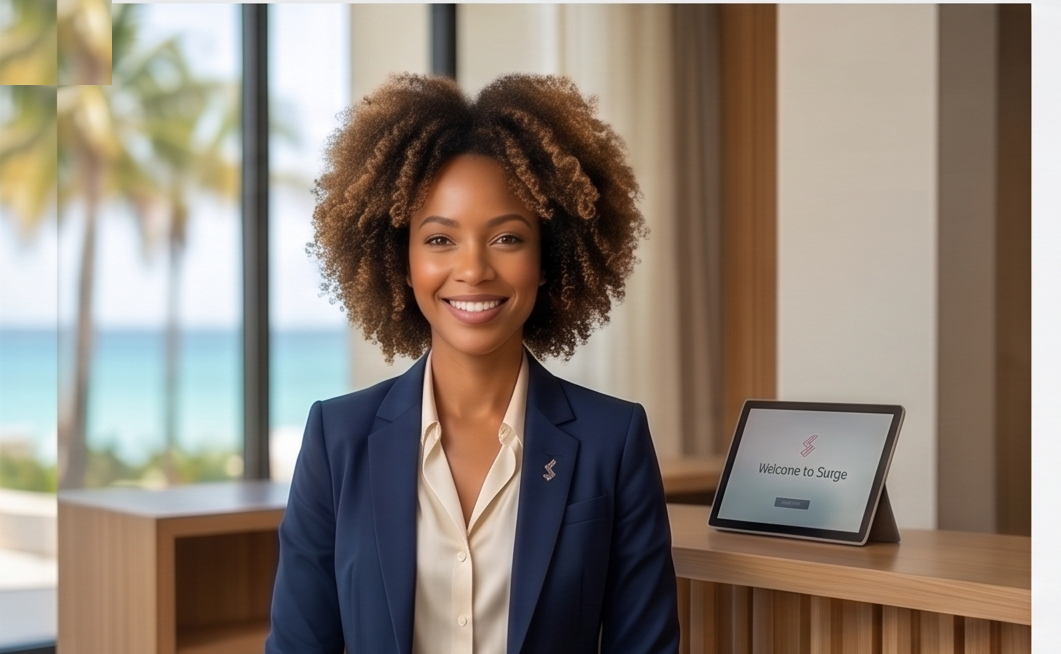 A Surge user greeting guests at a hospitality reception desk